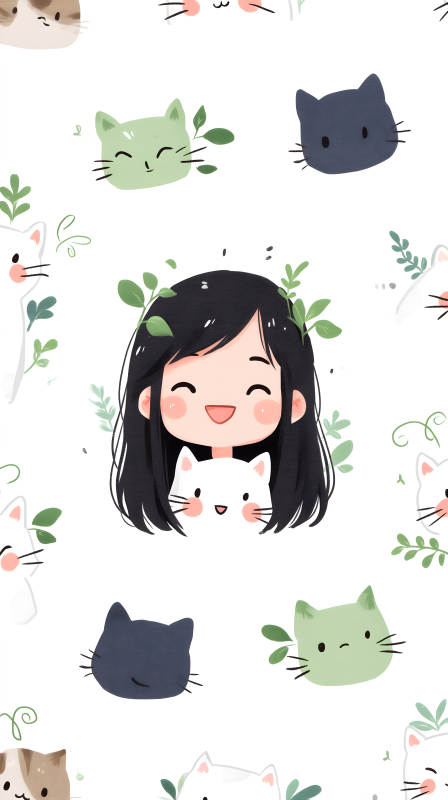 女孩和貓咪的可愛插畫-圖片