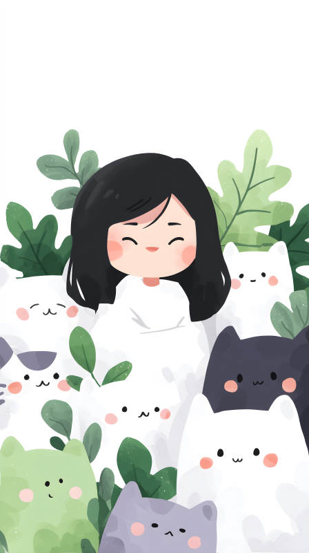 女孩與可愛貓咪在綠色植物中-圖片