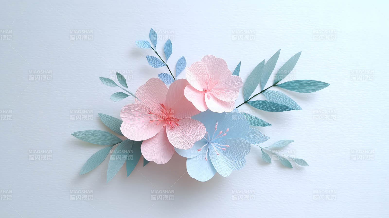 粉色藍色紙花搭配綠色葉子-圖片