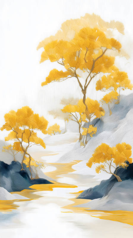 金色秋景山水畫風藝術作品-圖片