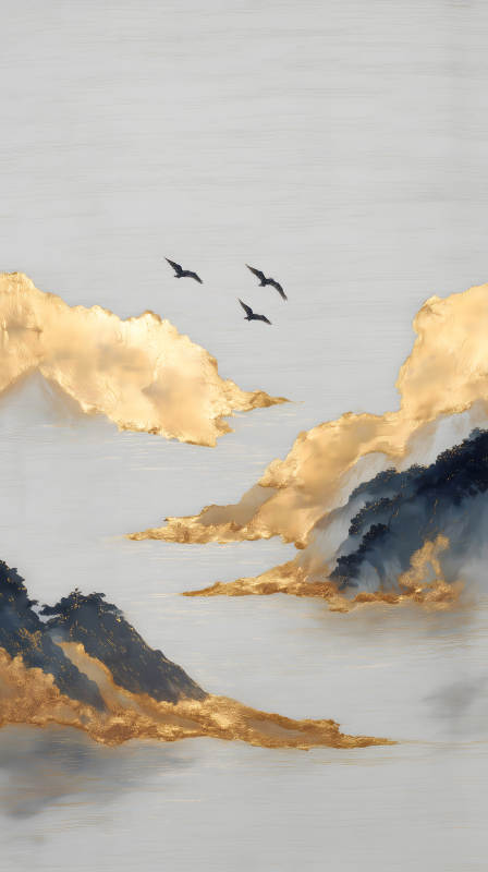 金色山巒與飛鳥的意境圖-圖片