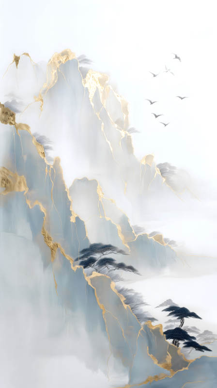 水墨山水畫金邊鳥飛翔-圖片