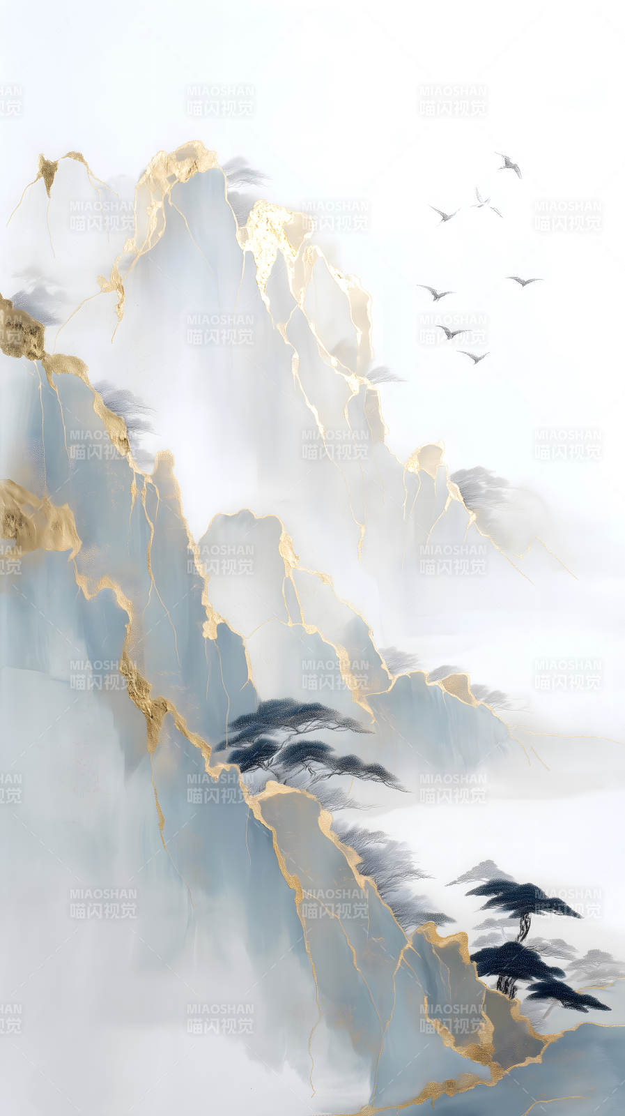 水墨山水畫金邊鳥飛翔-圖片