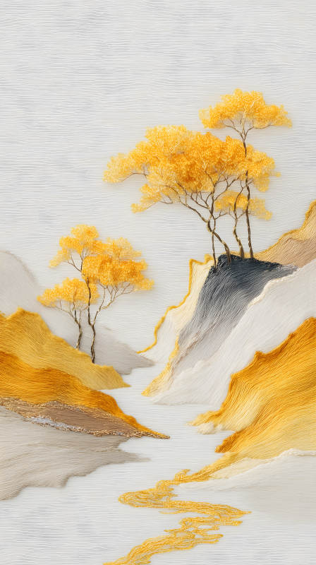 金色山水畫樹木點綴靜謐唯美-圖片