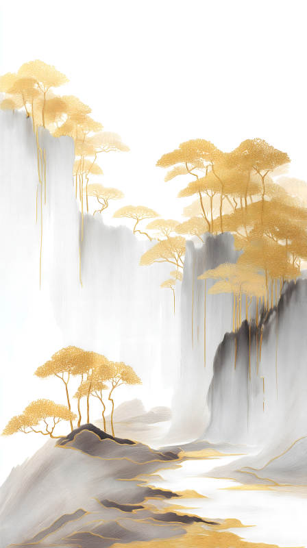 金色樹木山水畫-圖片