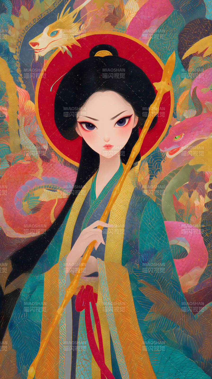 東方風格的仕女持杖畫像-圖片