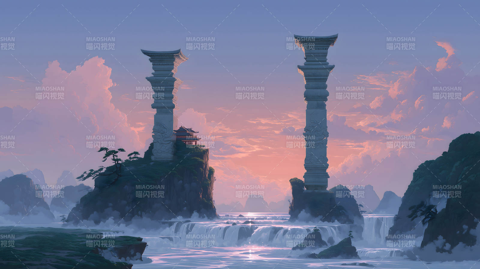 仙境山水之間柱立云霧繚繞-圖片