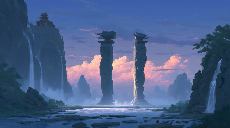 夕陽下的山水景觀亭臺聳立云霧繚繞-圖片