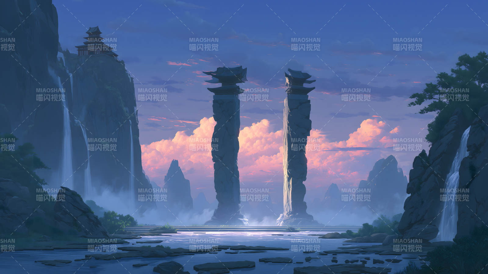 夕陽下的山水景觀亭臺聳立云霧繚繞-圖片