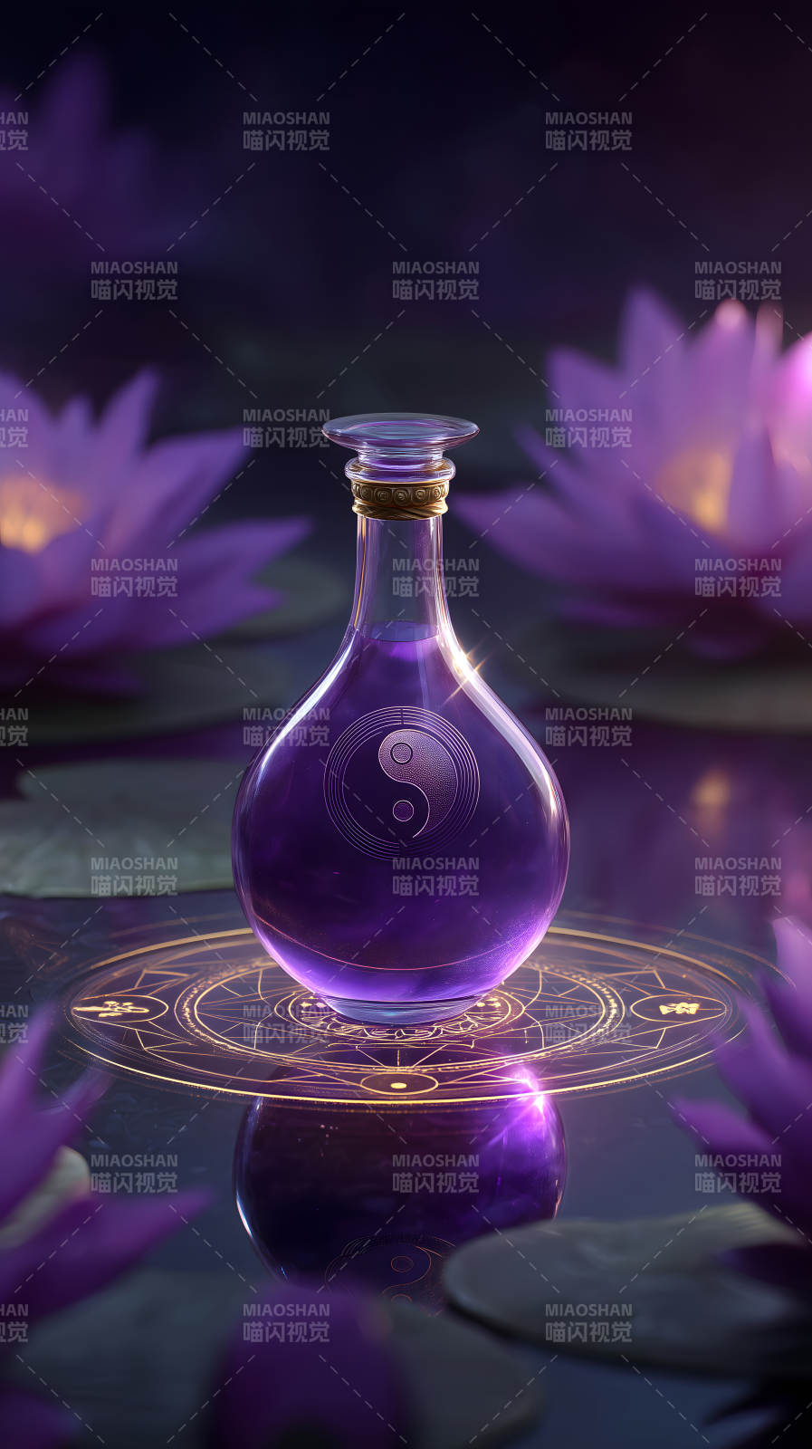 神秘藥劑置于水中蓮花環繞-圖片