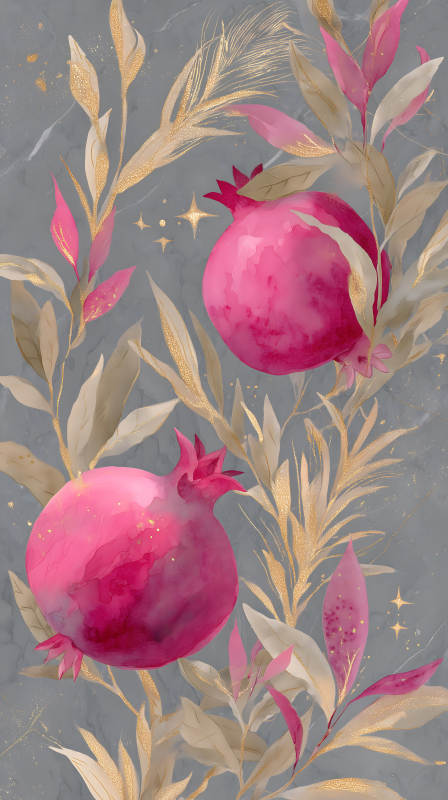 粉色石榴與金色葉子裝飾-圖片