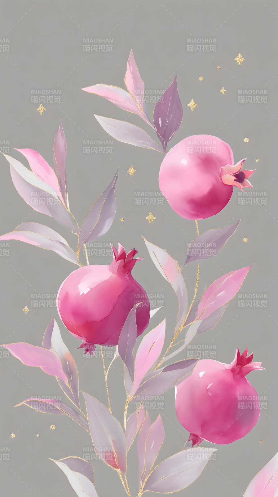 粉色石榴和葉子的水彩畫-圖片