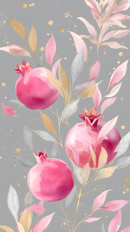 粉色石榴與金色葉片的優雅畫作-圖片