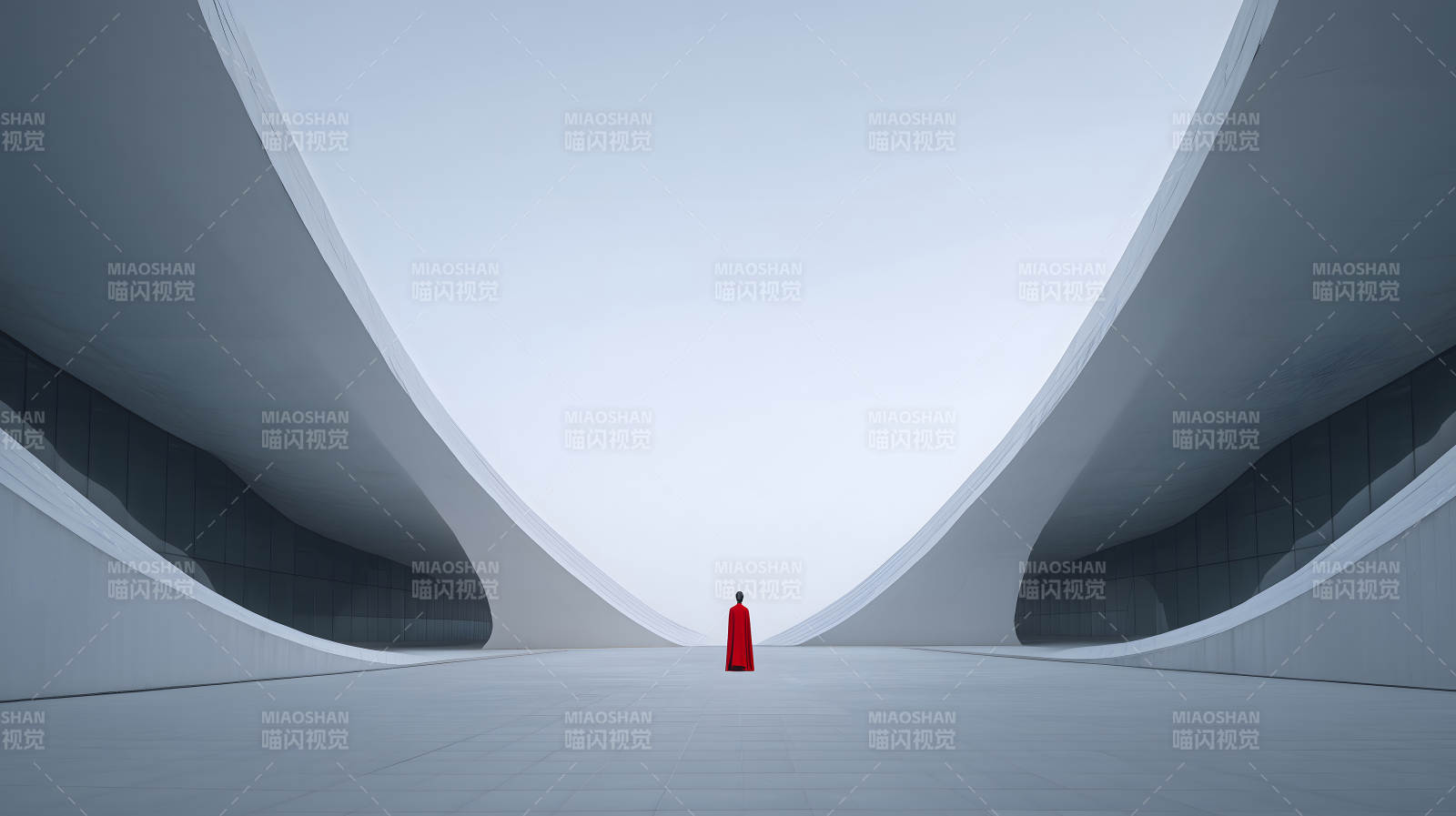 建筑中的红衣人孤独的氛围-图片