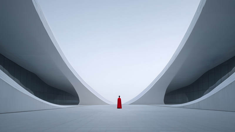 建筑中的紅衣人孤獨的氛圍-圖片