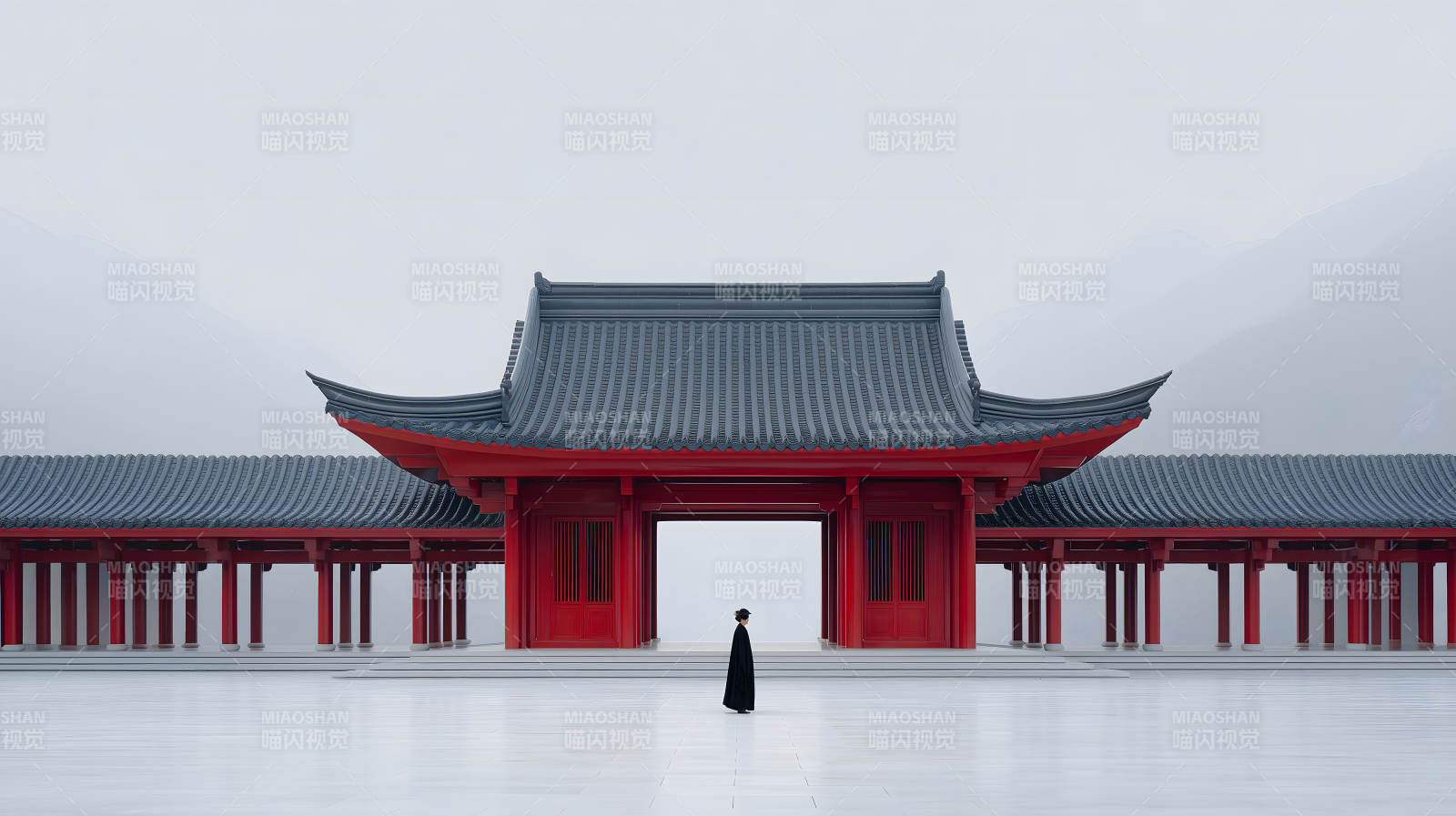 古建筑与人物构成极简唯美画面-图片