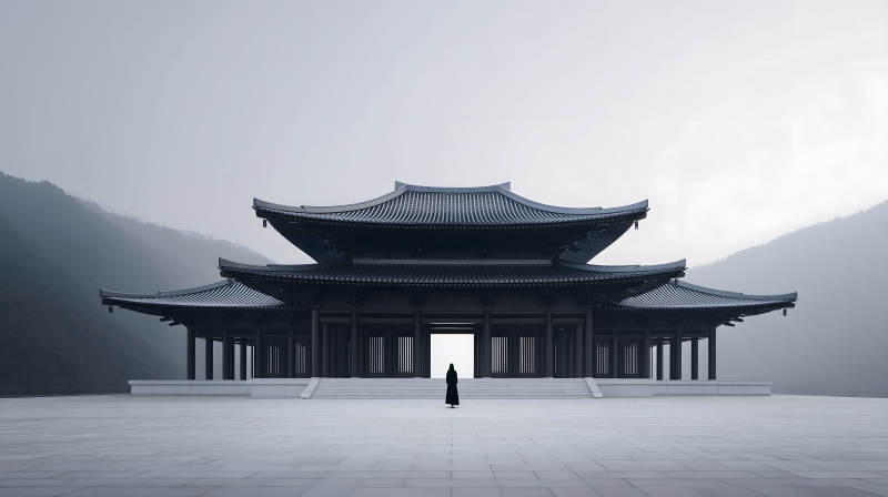 莊嚴肅穆的東方建筑與孤獨身影-圖片