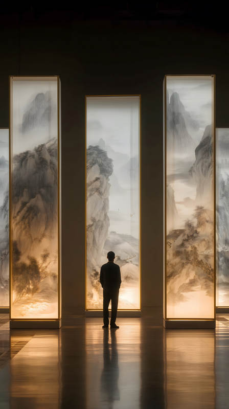 男子觀賞藝術畫作光影交織-圖片
