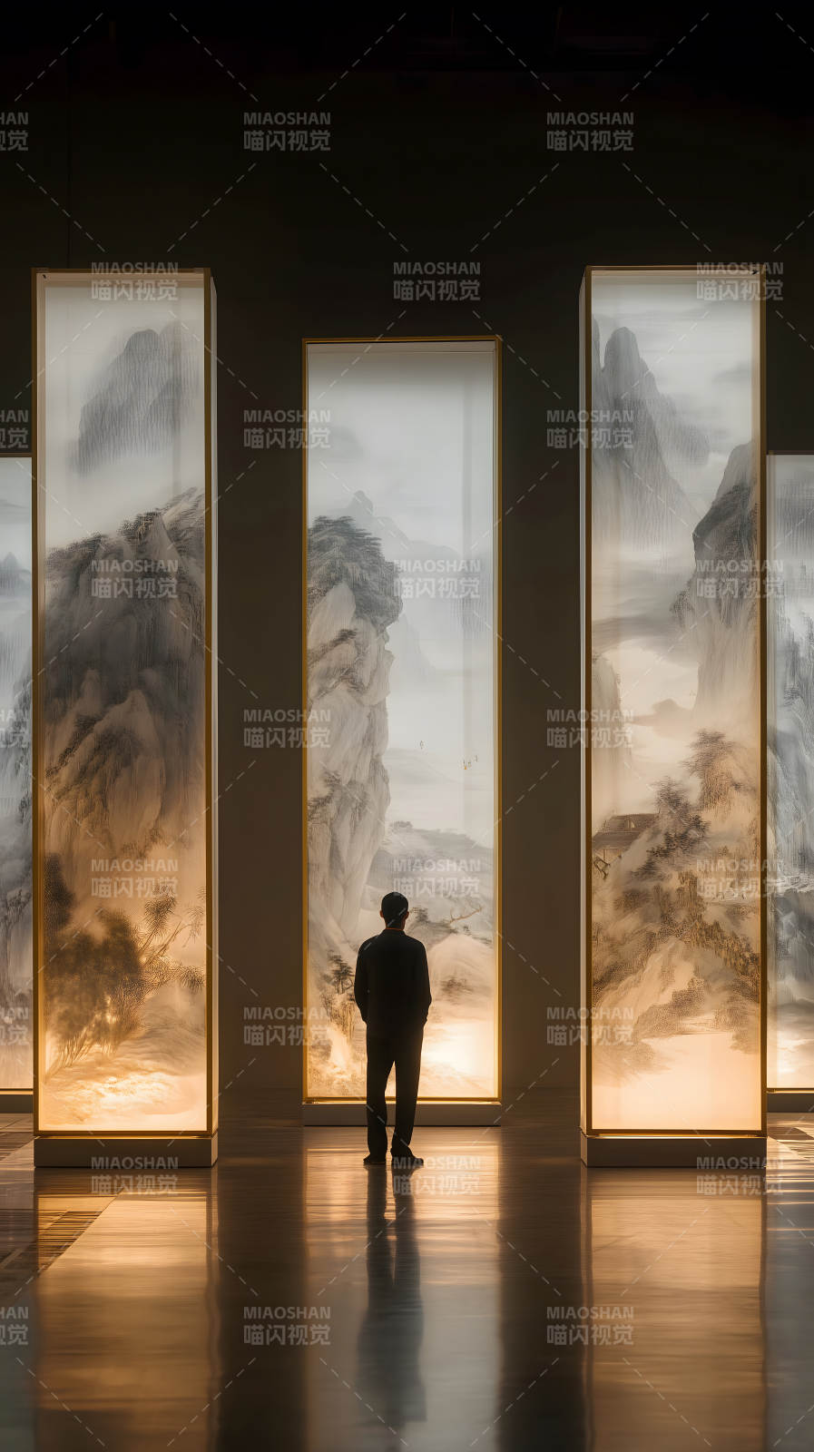 男子观赏艺术画作光影交织-图片