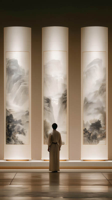 觀賞山水畫作的沉思者-圖片