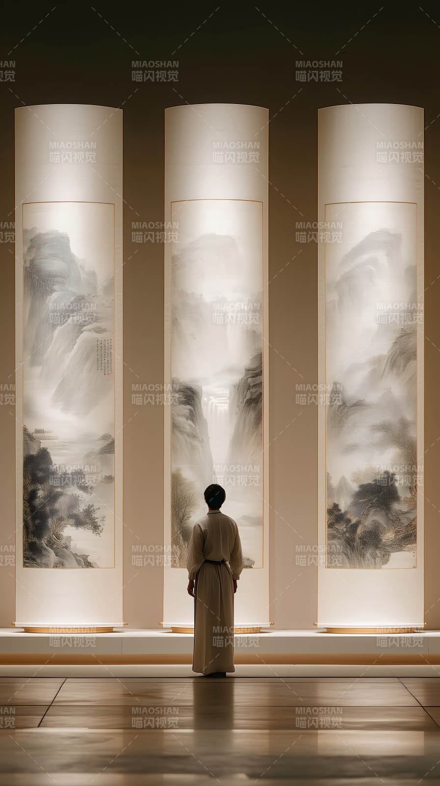 观赏山水画作的沉思者-图片