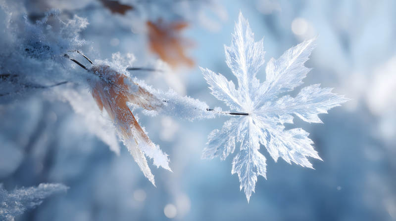雪花點綴下的楓葉景象-圖片