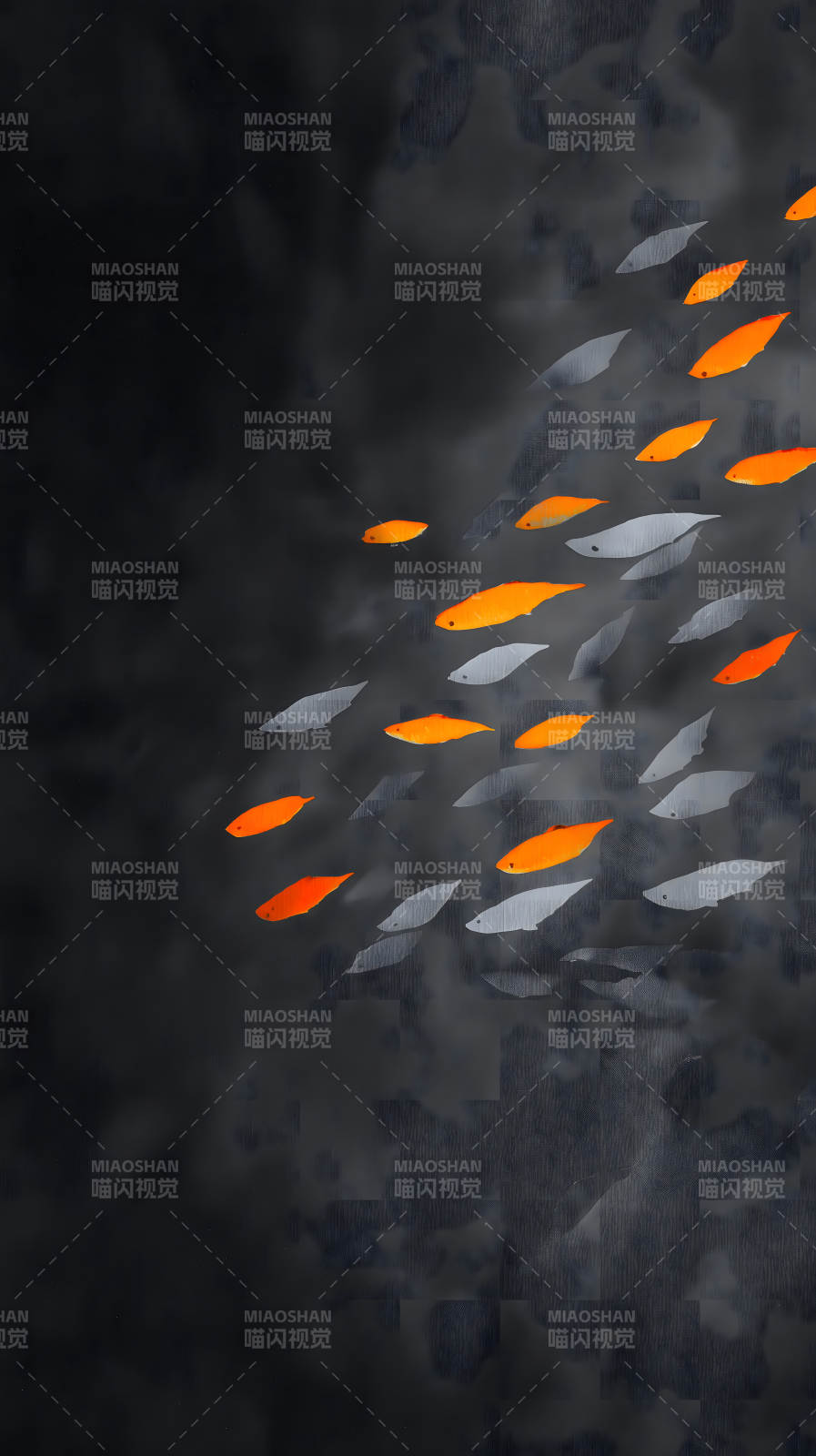 橙色鱼群在深色背景中游动-图片