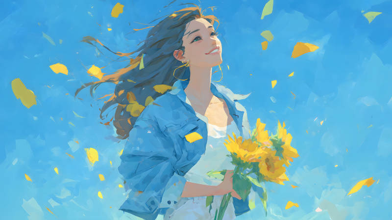少女仰望天空手捧向日葵-圖片
