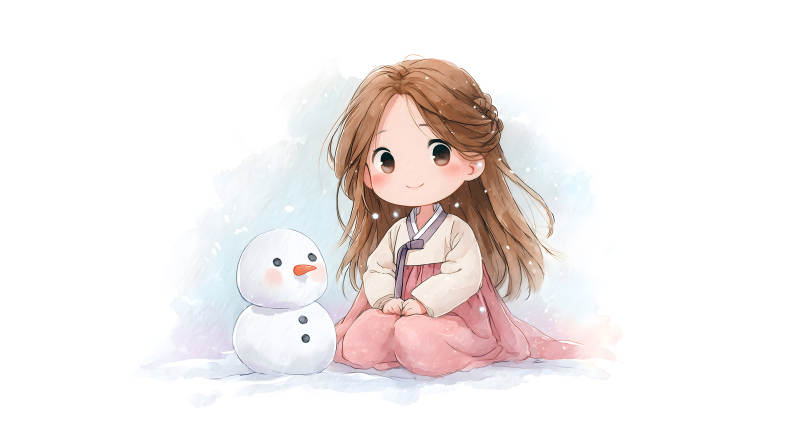 女孩和雪人冬日溫暖友誼-圖片