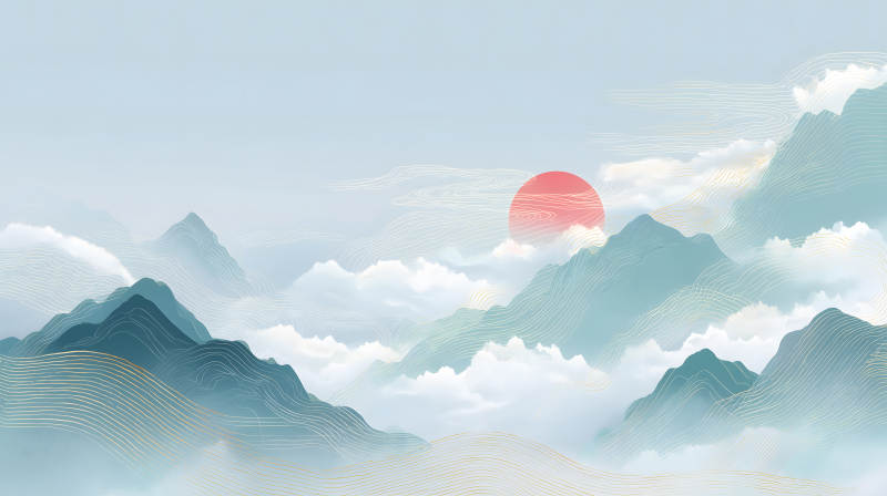 山水畫風夕陽景色-圖片