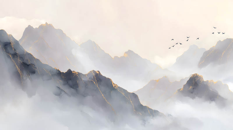 水墨山水畫鳥兒飛翔-圖片