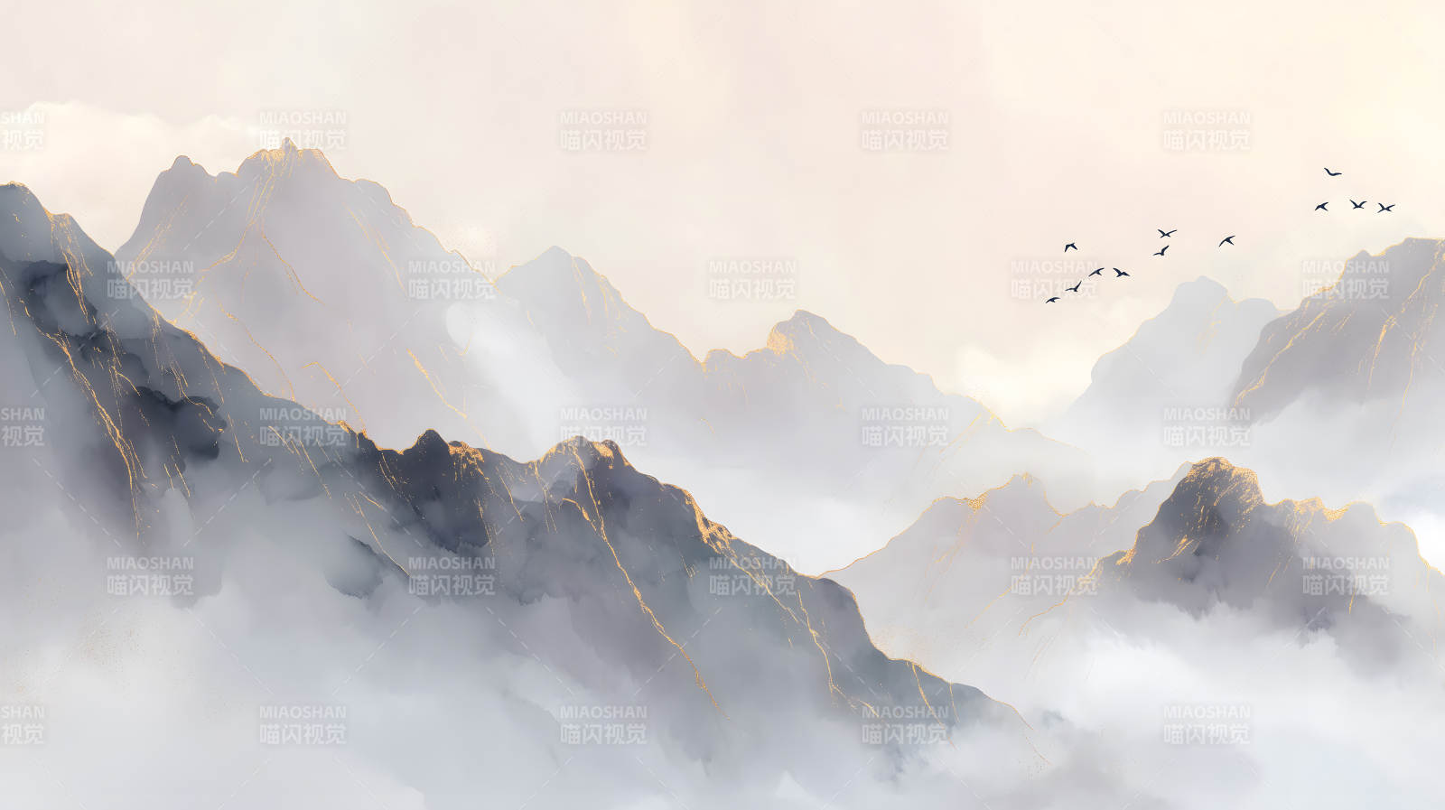 水墨山水画鸟儿飞翔-图片