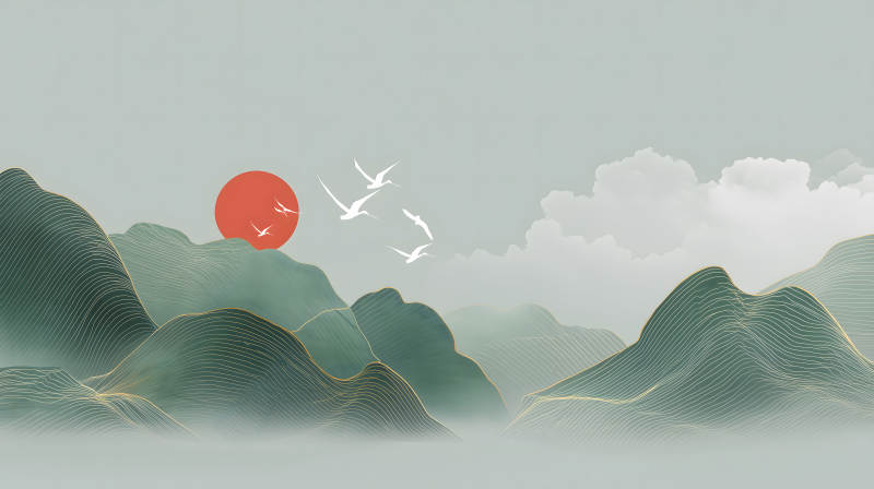 水墨山水畫飛鳥紅日-圖片