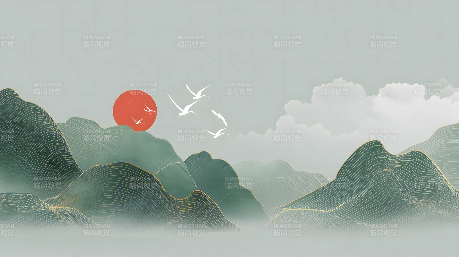 水墨山水画飞鸟红日-图片