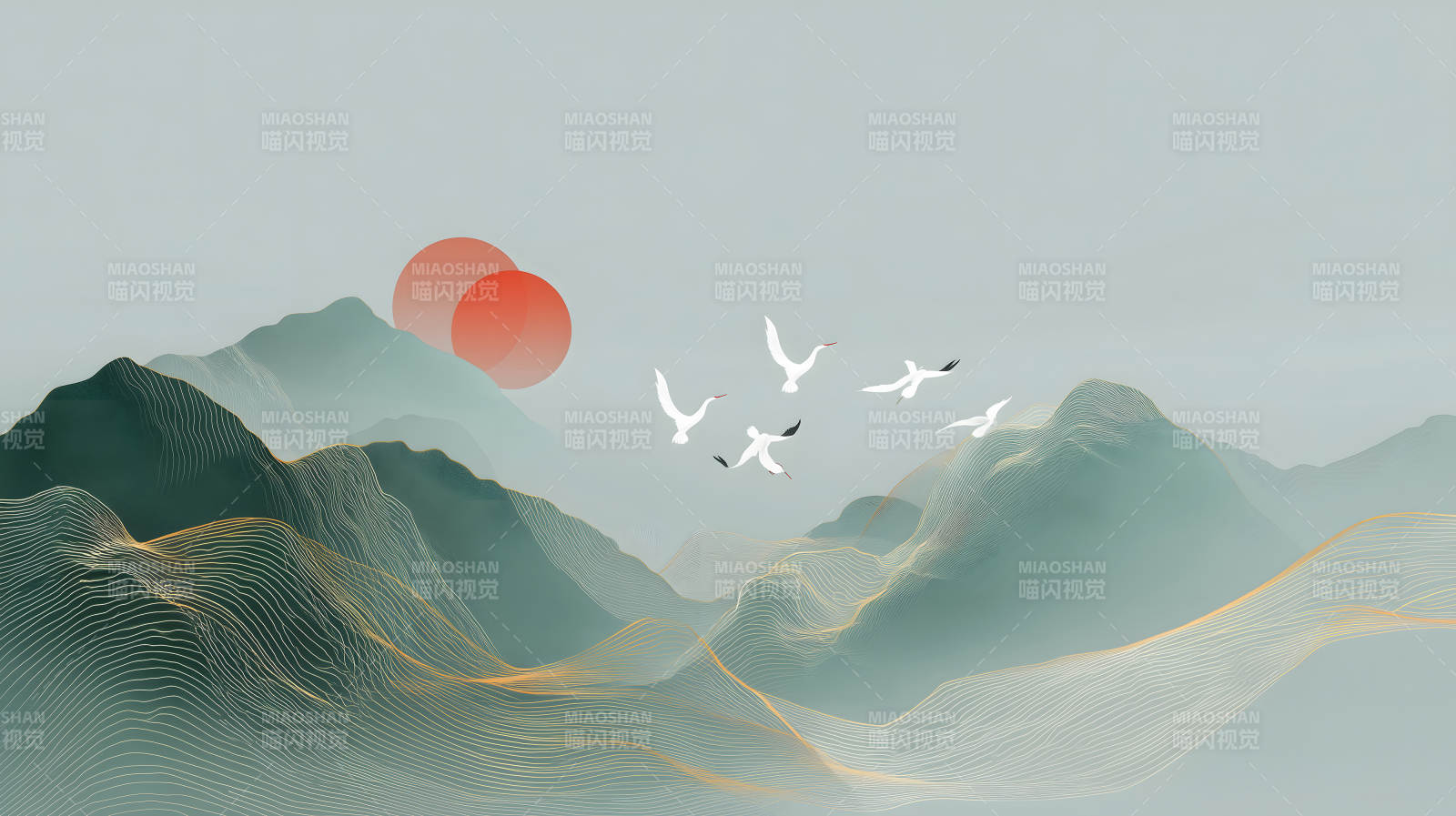 山水飞鸟意境图唯美山河景象-图片