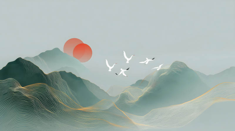 山水飛鳥意境圖唯美山河景象-圖片