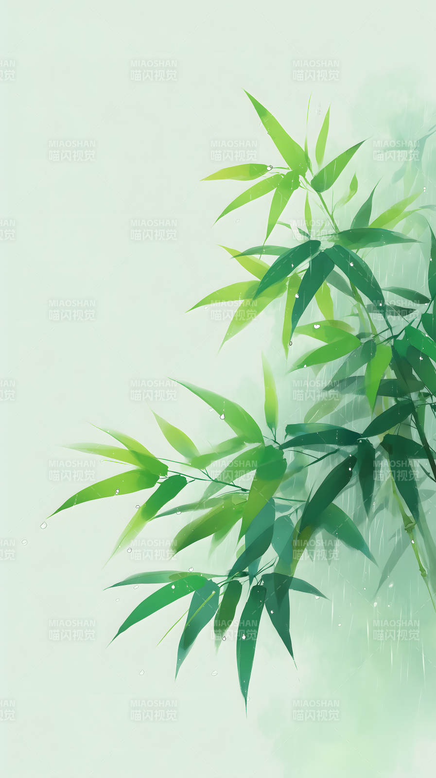 竹林雨景清新唯美风格绘画-图片