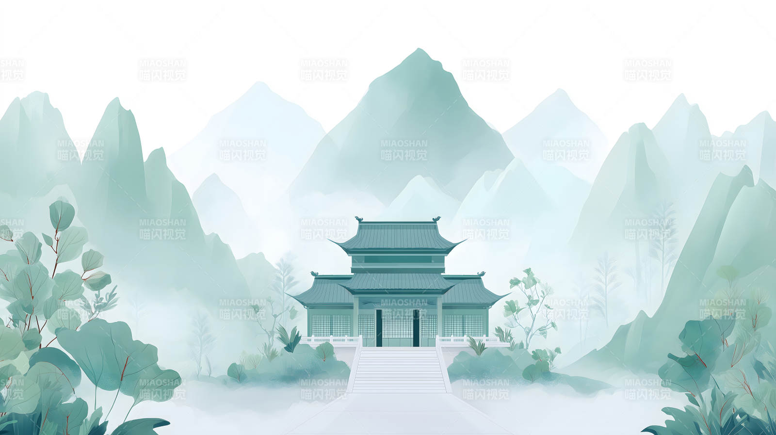 水墨风格东方庭院山水画-图片