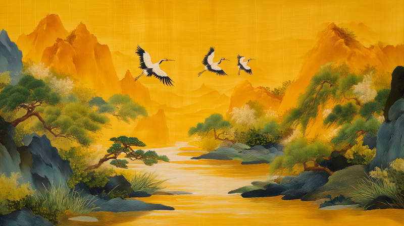 金色山河仙鶴翱翔詩意畫卷-圖片
