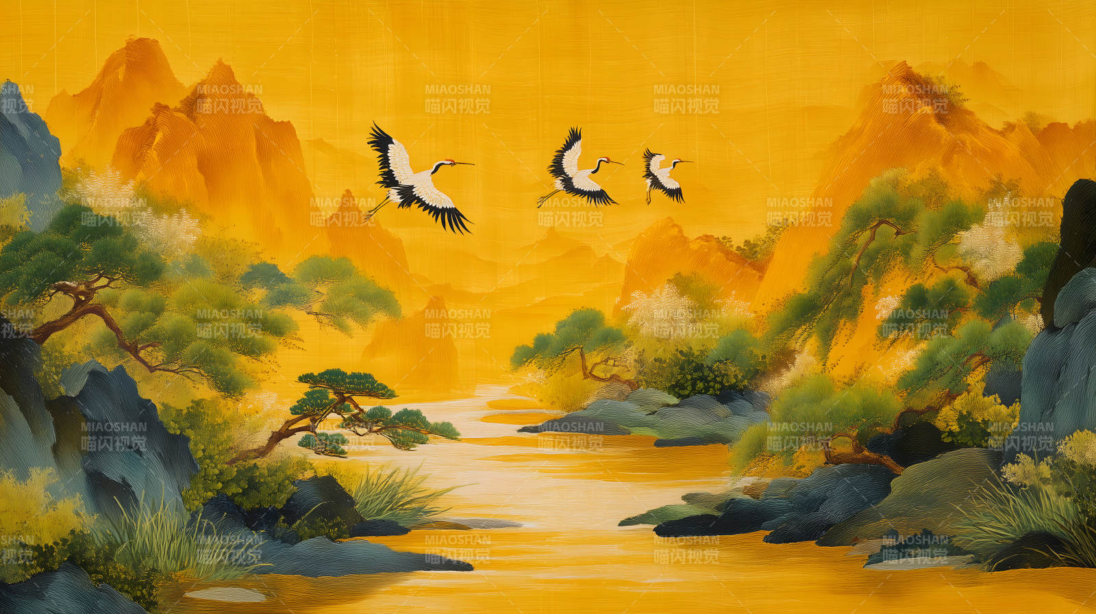 金色山河仙鹤翱翔诗意画卷-图片