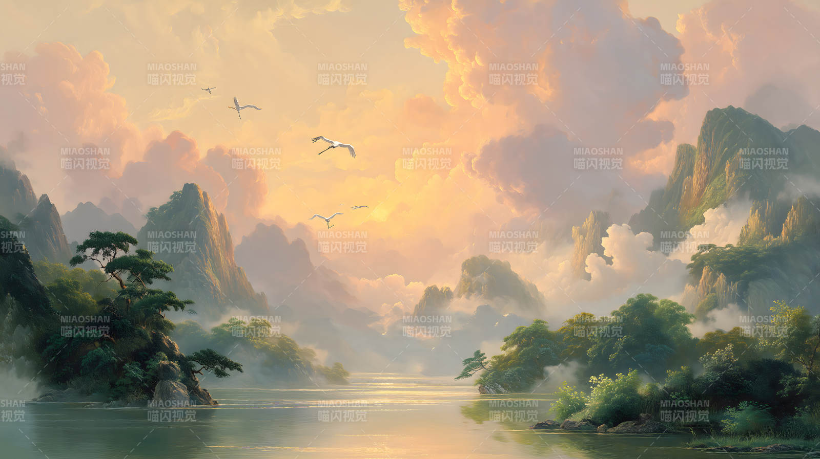 山水画卷仙鹤飞翔景色宜人-图片