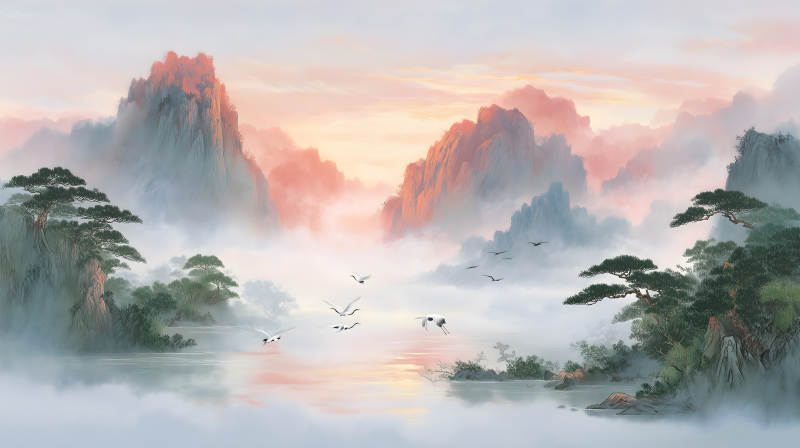 水墨山水畫詩意盎然仙鶴飛舞-圖片