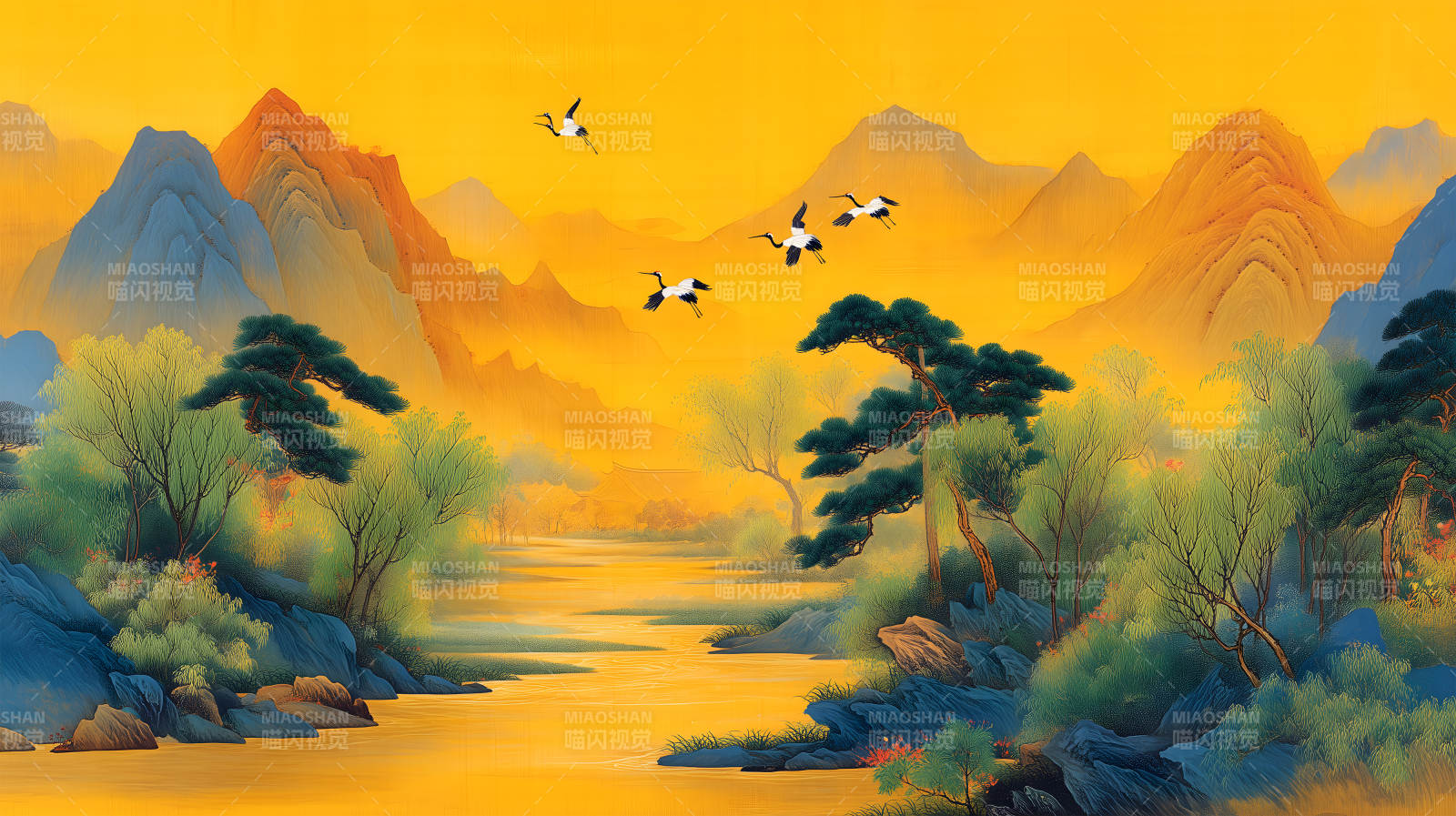 山水之間仙鶴飛舞的繪畫-圖片
