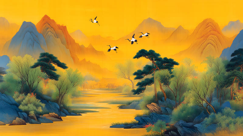 山水之間仙鶴飛舞的繪畫-圖片