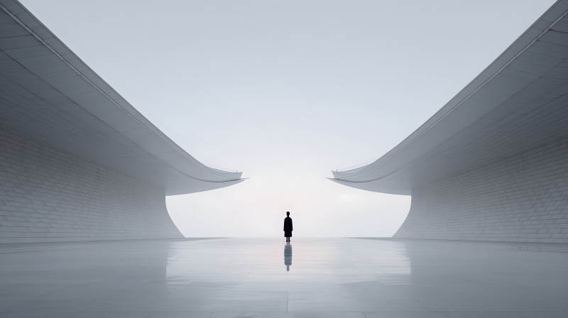 孤独身影伫立于未来建筑-图片