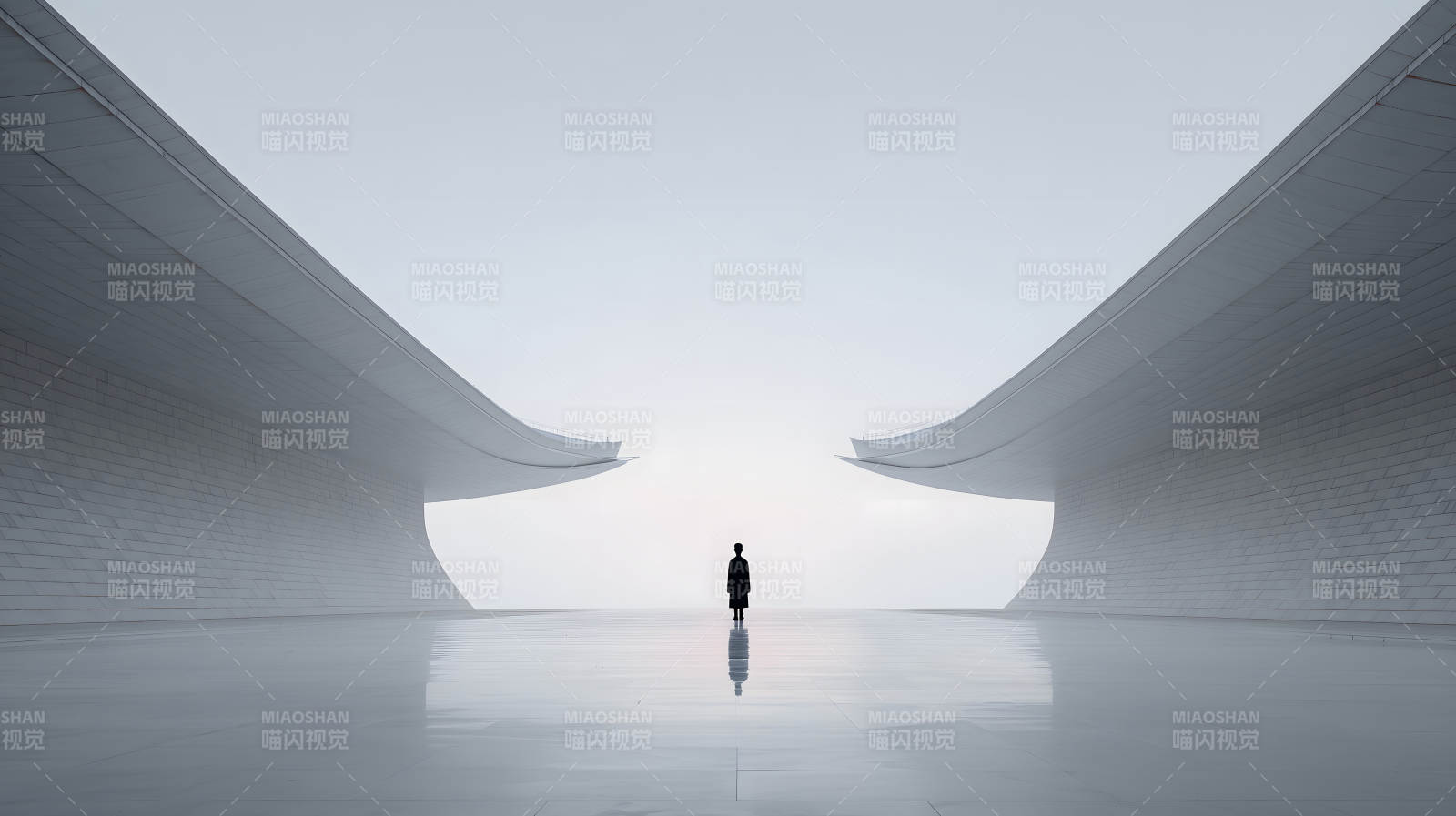 孤獨(dú)身影佇立于未來建筑-圖片