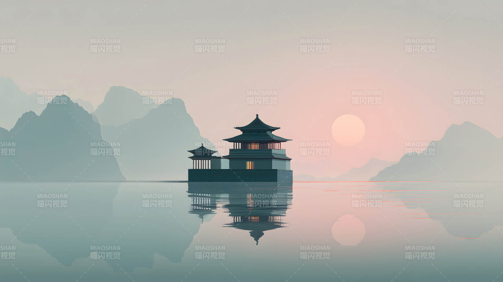水上寺庙夕阳下的风景画作-图片