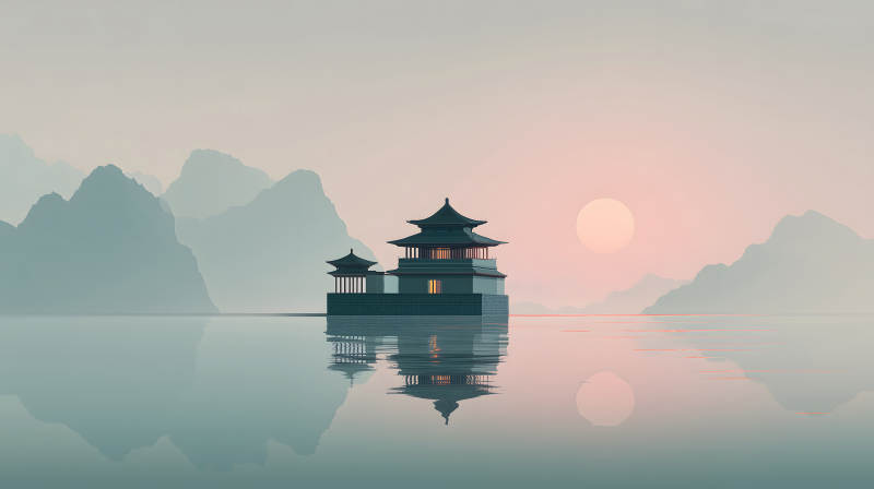 水上寺廟夕陽下的風景畫作-圖片