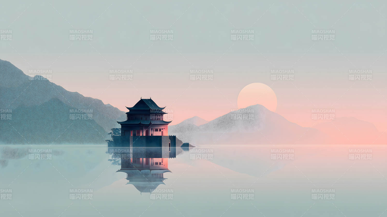 水墨风建筑山水画-图片