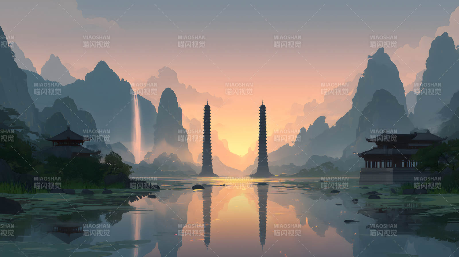 夕陽下的東方庭院與湖泊景色-圖片